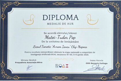 Elevul clujean Matei Pop, medalie de aur la Olimpiada de Inteligență Artificială ROAI și calificare în lotul național