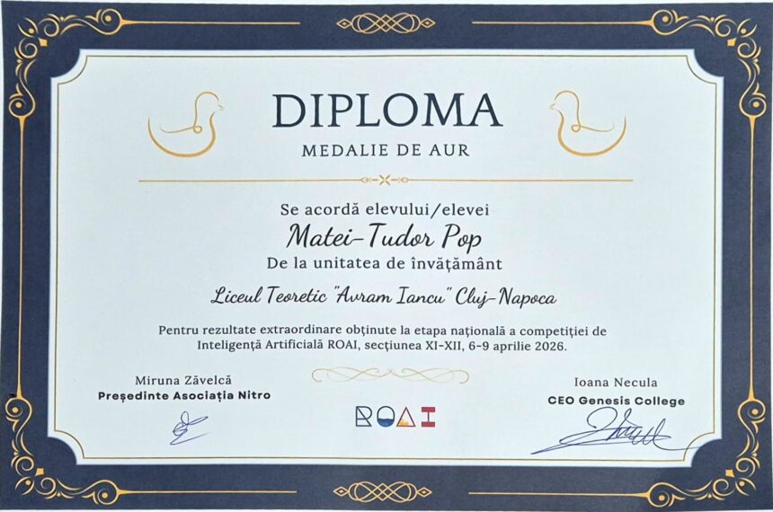 Elevul clujean Matei Pop, medalie de aur la Olimpiada de Inteligență Artificială ROAI și calificare în lotul național
